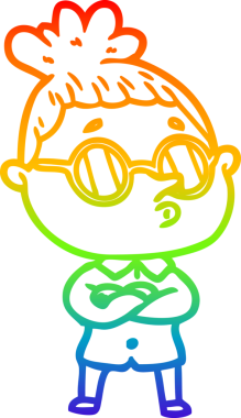 Gökkuşağı gradyan çizgi çizimi bir insan tarafından çizilmiş gözlük takan bir kadın.