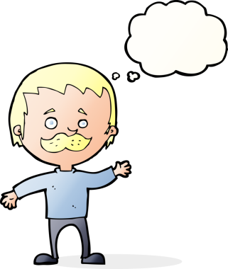 Bir insan tarafından çizilmiş düşünce baloncuğuyla bıyıklı çizgi film adamı.