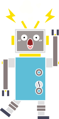Bir insan tarafından çizilmiş arızalı bir robotun düz renk retro karikatürü
