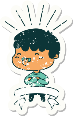 Bir insan tarafından çizilmiş dili çıkmış dövmeli bir çocuğun eski çıkartması.