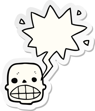 Bir insan tarafından çizilmiş konuşma balonu çıkartmalı karikatür kafatası.