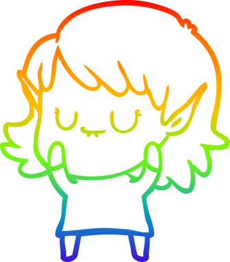 Gökkuşağı gradyan çizgisi mutlu çizgi film kızı bir insan tarafından çizilmiş elbise giyiyor.