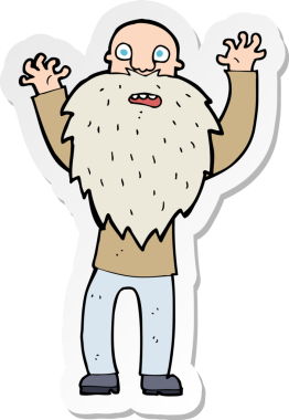 Çizgi film çıkartması. Bir insan tarafından çizilmiş sakallı, korkmuş yaşlı adam.