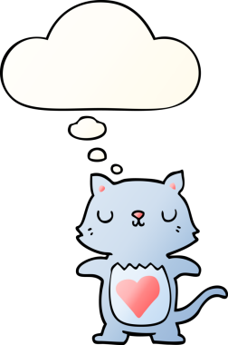 Bir insan tarafından çizilmiş yumuşak eğimli düşünce baloncuklu şirin çizgi film kedisi.