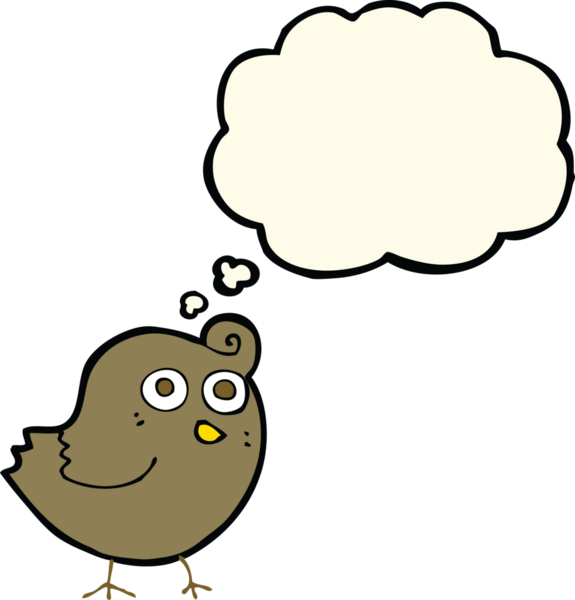 Bir insan tarafından çizilmiş düşünce baloncuklu komik çizgi film kuşu.