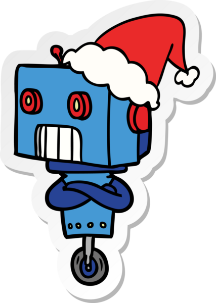 Bir insan tarafından çizilmiş Noel Baba şapkası giyen bir robotun el çizimi karikatürü.