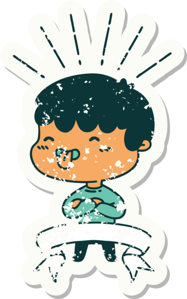 Bir insan tarafından çizilmiş dili çıkmış dövmeli bir çocuğun eski çıkartması.