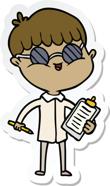 Bir insan tarafından çizilmiş gözlüklü bir çizgi film çocuğunun çıkartması.