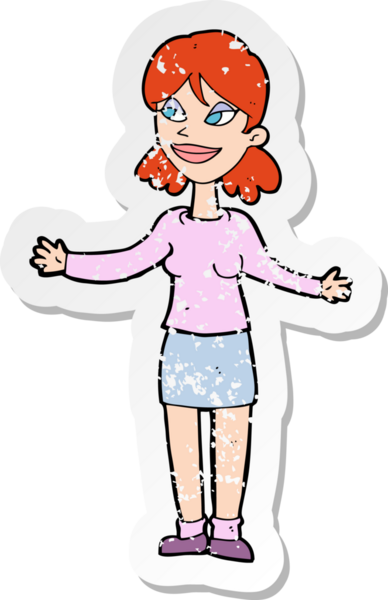 Çizgi filmin gerilmiş çıkartması mutlu bir kadın bir insan tarafından çizilmiş omuzlarını silker.