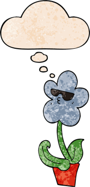 Bir insan tarafından çizilmiş grunge desen tarzında düşünce baloncuğu olan karikatür çiçeği.