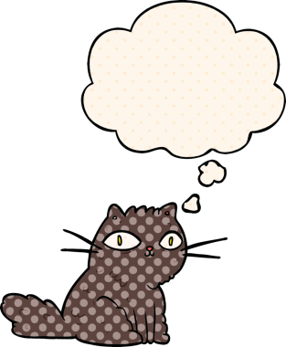 Çizgi roman tarzında düşünce baloncuğu olan çizgi film kedisi insan tarafından çizilmiş.