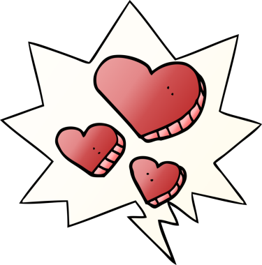 Bir insan tarafından çizilmiş yumuşak eğimli konuşma baloncuklu karikatür aşk kalpleri.