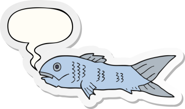 Bir insan tarafından çizilmiş balon çıkartmalı karikatür balığı.