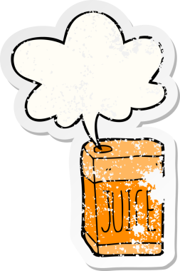 Bir insan tarafından çizilmiş sıkıntılı eski bir çıkartma ile konuşma balonlu çizgi film meyve suyu kutusu