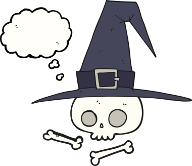 Bir insan tarafından çizilmiş kafatası ile serbest çizilmiş düşünce balonu cadı şapkası.