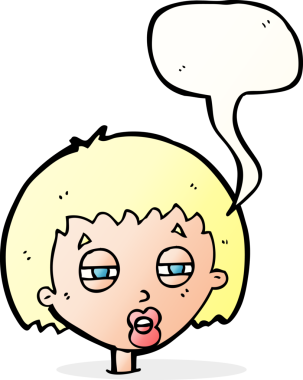 Bir insan tarafından çizilmiş konuşma baloncuğuyla gözlerini kısarak bakan çizgi film kadını.