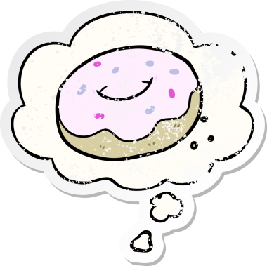 Düşünce baloncuklu çizgi film donutu insan tarafından çizilmiş yıpranmış bir çıkartma gibi.