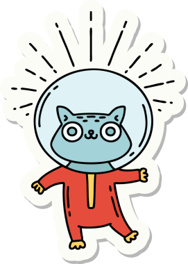 Bir insan tarafından çizilmiş astronot kostümlü dövme stili bir kedinin çıkartması.