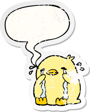 Konuşan baloncuklu karikatür ağlayan kuş bir insan tarafından çizilmiş kederli eski bir çıkartma.