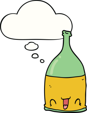 Bir insan tarafından çizilmiş düşünce baloncuklu şarap şişesi.