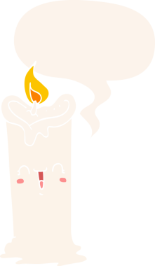 bir insan tarafından çizilmiş, konuşma baloncuklu mutlu mum çizgi filmi.