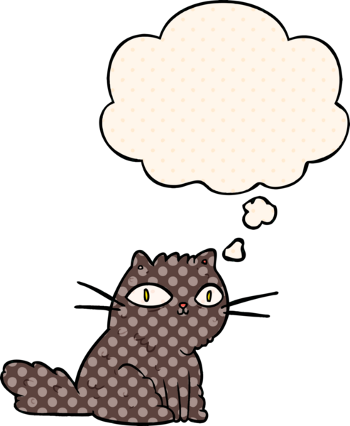 Çizgi roman tarzında düşünce baloncuğu olan çizgi film kedisi insan tarafından çizilmiş.