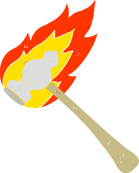 Bir insan tarafından çizilen alevli çekicin düz renk çizimi