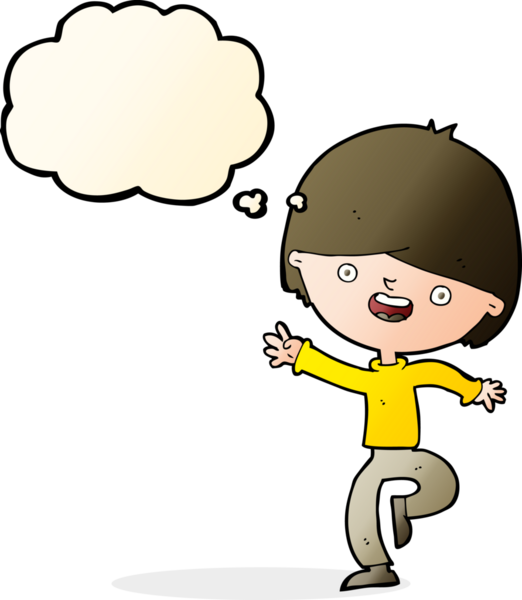 Bir insan tarafından çizilmiş düşünce baloncuğuyla dans eden mutlu çocuk.