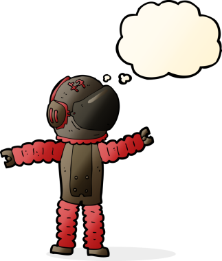 Karikatür astronotu bir insan tarafından çizilmiş düşünce baloncuğuyla uzanıyor.