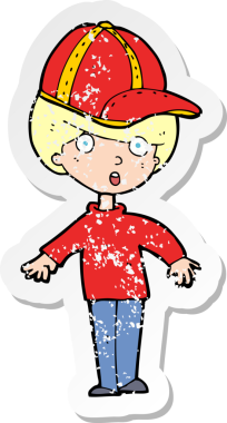 Bir insan tarafından çizilmiş şapkalı bir çizgi film çocuğunun gerilimli retro çıkartması.