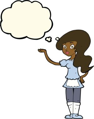 Bir insan tarafından çizilmiş düşünce kabarcığı olan çizgi film garsonu.