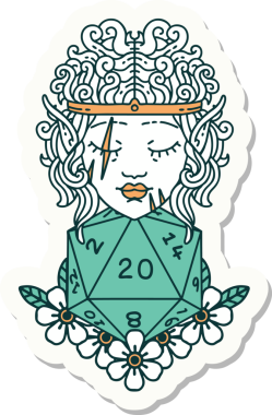 Bir insan tarafından çizilmiş 20 zarlı elf barbar karakterinin çıkartması.