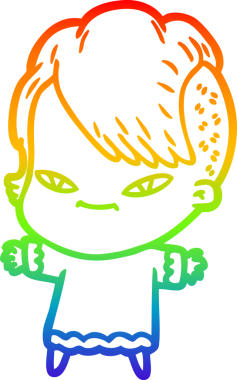 Gökkuşağı gradyan çizimi. Hipster saç kesimi bir insan tarafından çizilmiş şirin bir çizgi film kızı.