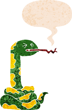 çizgi film tıslayan yılan konuşma baloncuğu ile grunge sıkıntılı retro dokuma bir insan tarafından çizilmiş