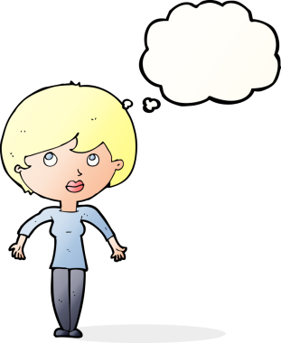 Bir insan tarafından çizilmiş düşünce baloncuğuyla omuz silken çizgi film kadını.