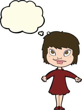 Bir insan tarafından çizilmiş düşünce baloncuğuyla omuz silken çizgi film kızı.