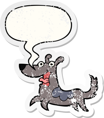 Konuşma balonlu mutlu köpek çizgi filmi bir insan tarafından çizilmiş sıkıntılı eski bir çıkartma.