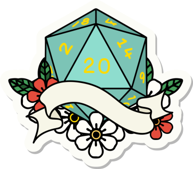 Bir insan tarafından çizilmiş 20 D20 zarının çıkartması.