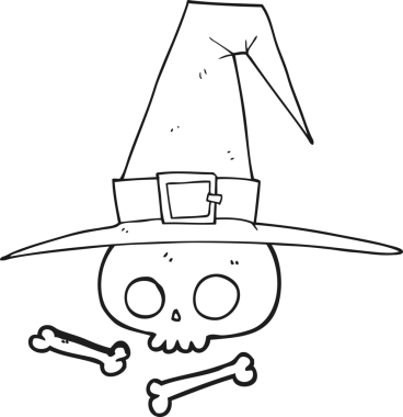 Bir insan tarafından çizilmiş siyah beyaz cadı şapkası ve kafatası.