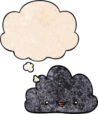 Bir insan tarafından çizilmiş grunge dokuma tarzında düşünce baloncuğu olan mutlu çizgi film bulutu