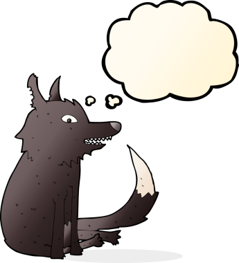 Bir insan tarafından çizilmiş düşünce baloncuğuyla oturan bir kurt.