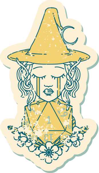 Retro Dövme Tarzı Ağlayan Elf Cadı Doğal bir D20 rulo ile Bir insan tarafından çizilmiş