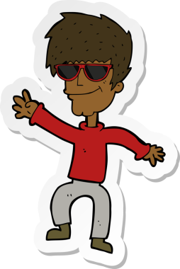 Bir insan tarafından çizilmiş havalı çocuğu sallayan bir karikatür çıkartması.