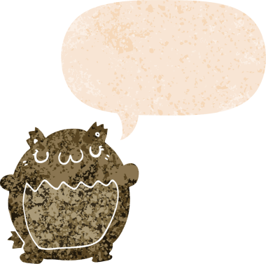 Bir insan tarafından çizilmiş grunge sıkıntılı retro biçimli konuşma balonu ile çizgi film ayısı