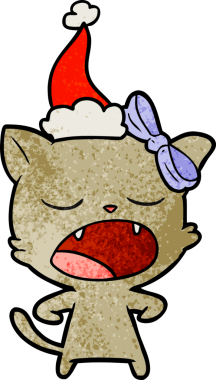 Bir insan tarafından çizilmiş Noel Baba şapkası giyen esneyen bir kedinin el çizimi karikatürü.