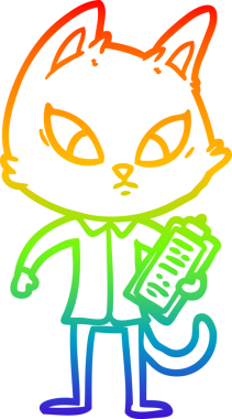 Bir insan tarafından çizilmiş kafası karışmış bir iş kedisinin gökkuşağı gradyanı çizimi