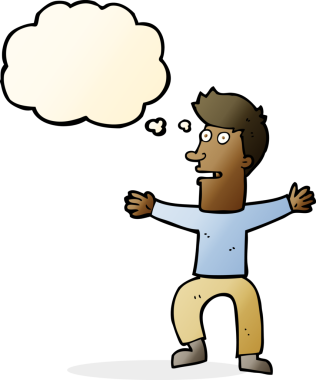 Bir insan tarafından çizilmiş düşünce baloncuğu ile ürkmüş bir adam.