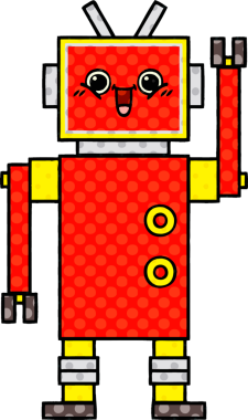 Bir insan tarafından çizilmiş mutlu bir robotun çizgi romanı.