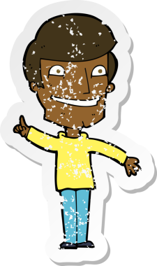 Bir insan tarafından çizilmiş fikri olan sırıtan bir çizgi film karakterinin gerilimli retro yapıştırması.