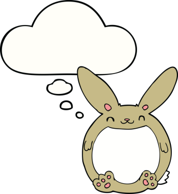 Bir insan tarafından çizilmiş düşünce kabarcığı olan çizgi film tavşanı.